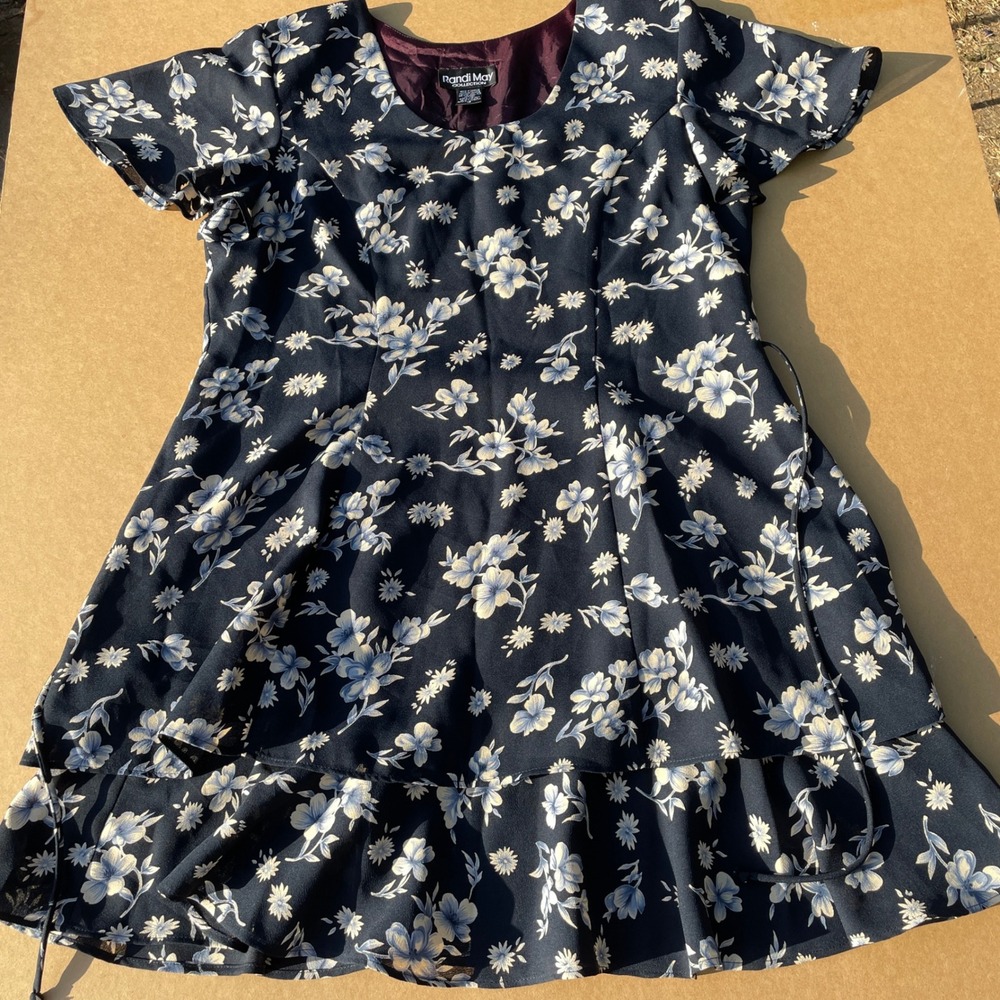 Randi May Floral Tiered Dress Womens 14 Navy Blue Tea Party Ruffle Short Sleeve